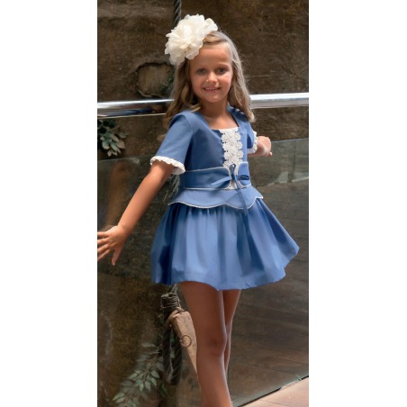 Vestido m/m en popelin añil con entredos